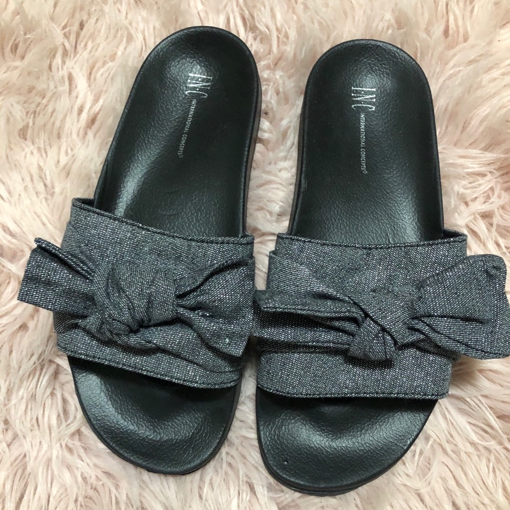 INC Gray Bow Sparkle Slides